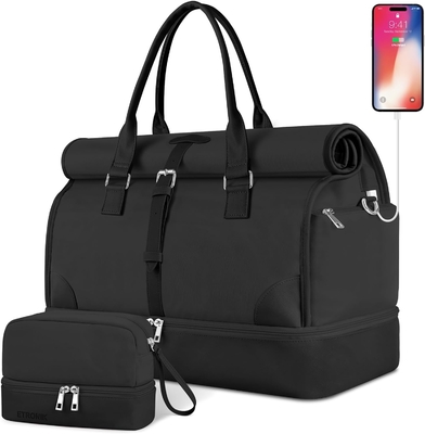 comprare Canvas nero Portatile espandibile Weekend Airplanes Bagno da bagno con vano per scarpe e porta di ricarica USB online manufacture