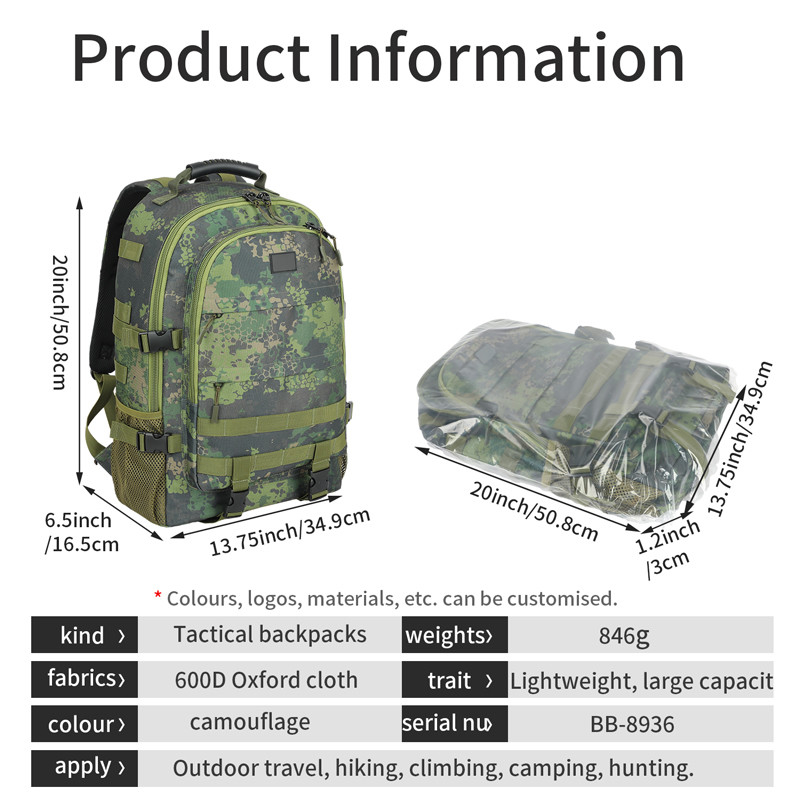 Nero Grande capacità impermeabile Viaggi personalizzati Zaino tattico militare con cintura per spalla per uomini