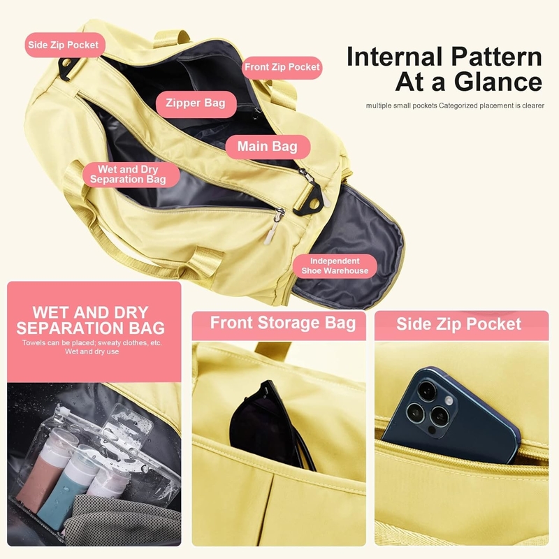 Yoga Gym Sport Outdoor Weekend Overnight Borsa da viaggio Giallo chiaro Colore Grande