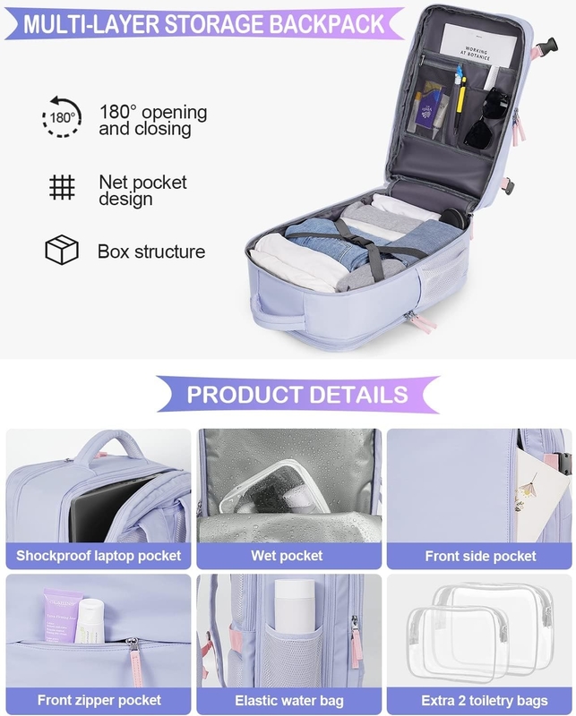 Purple 17,3 pollici Laptop Airline approvato Portare il bagaglio come oggetti personali Weekend escursioni borsa da viaggio per donne