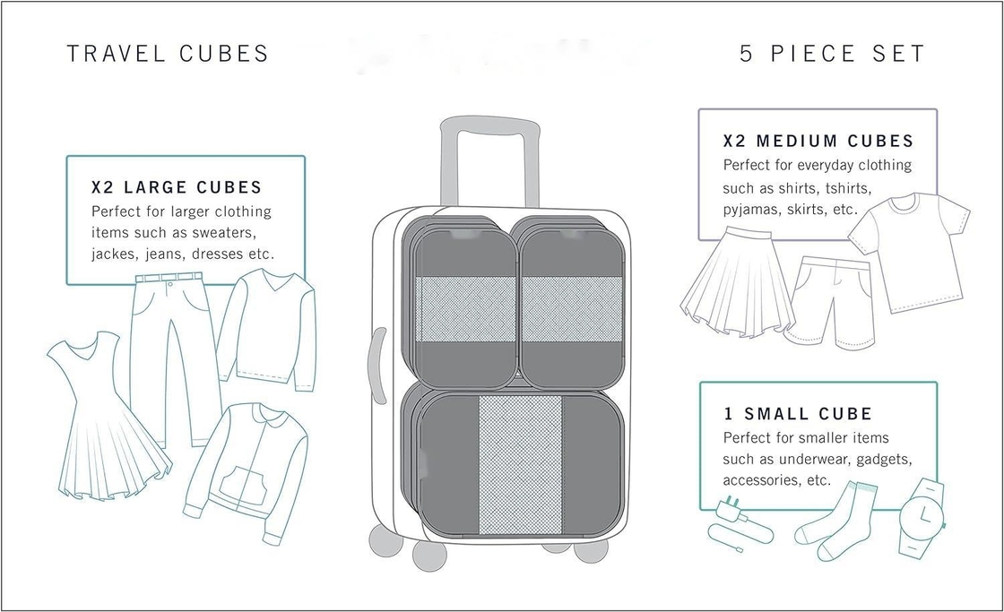 Black Large Capacity Luggage Packing Organization Cubes 5 Pack Sacchetto da viaggio con maglia