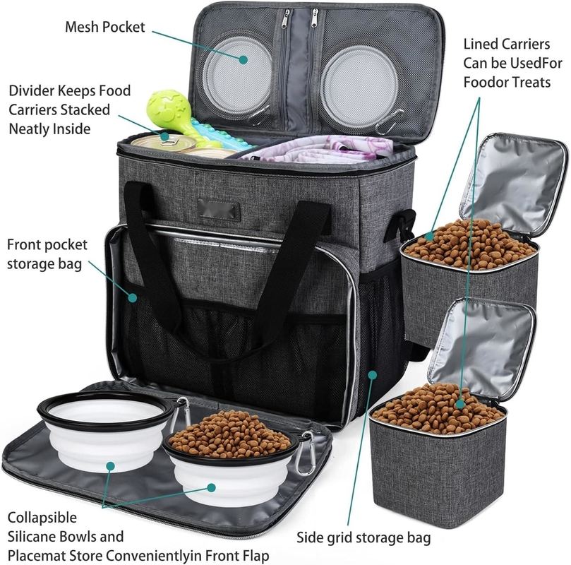 Dog Cat All Pet Travel Bag con 2 contenitori di cibo per animali domestici e 2 ciotole di silicone pieghevoli