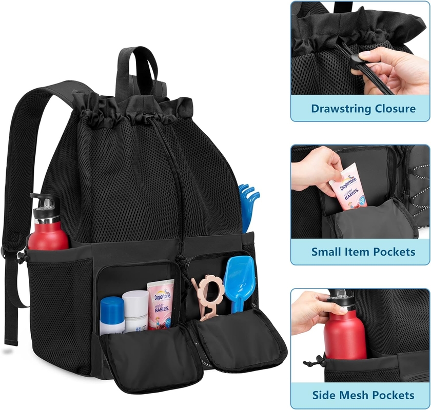 Black Waterproof Drawstring Beach Swim Gym Pool Sports Mesh Custom Travel Bag per uomini e donne