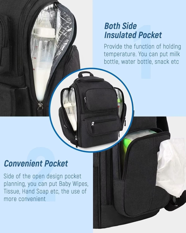 Borsa da viaggio personalizzata resistente all' acqua per pannolini multifunzione con 2 tasche isolanti laterali per uomini donne