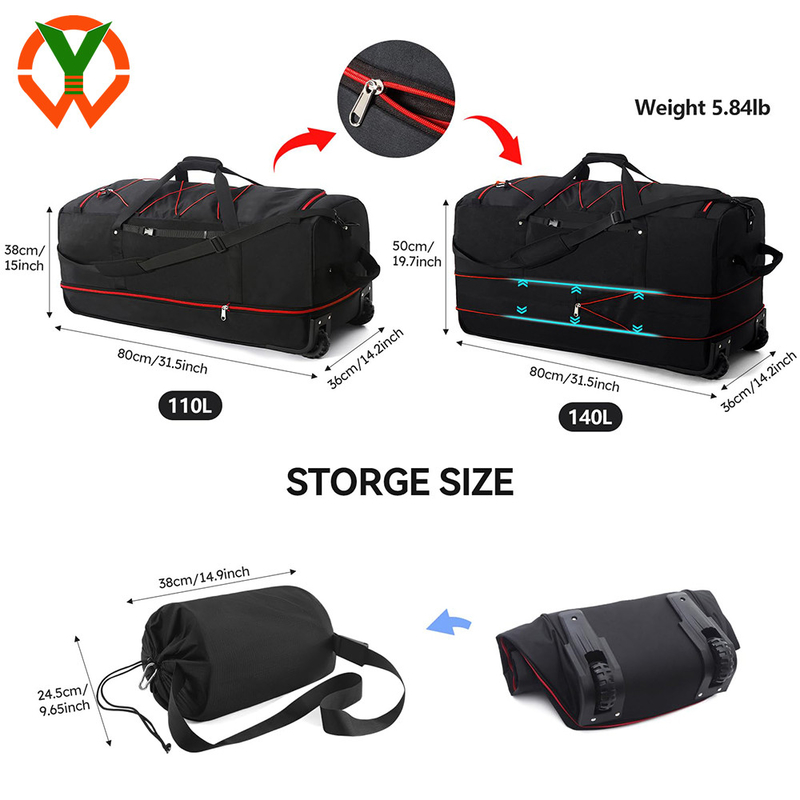 120L/140L doppia ruota di gomma pieghevole borsa da viaggio e tasche e scompartimenti multipli